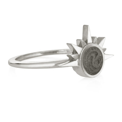 This photo shows the Sterling Silver Sunrise Ring with ashes, designed by close by me jewelry, from the side