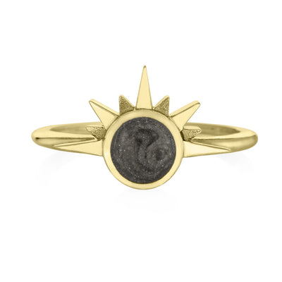 Pictured here is the Sunrise Cremated Remains Ring designed by close by me jewelry in 14K Yellow Gold from the front