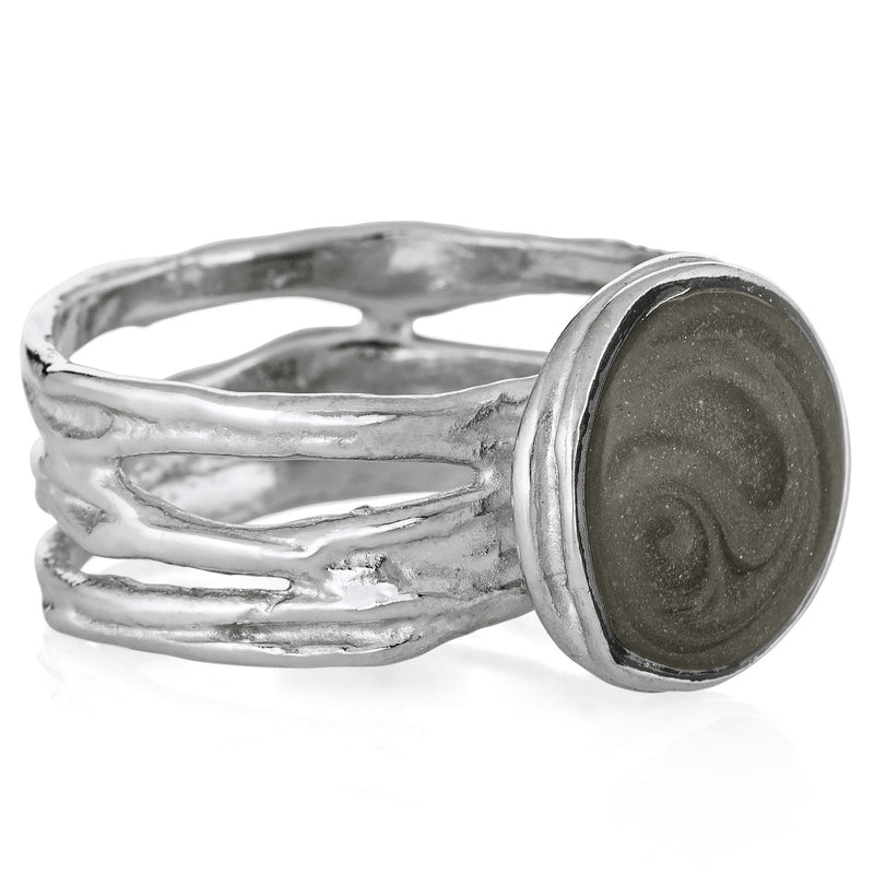Pictured here is a side view of the Textured Band Ring design by close by me in 14K White Gold