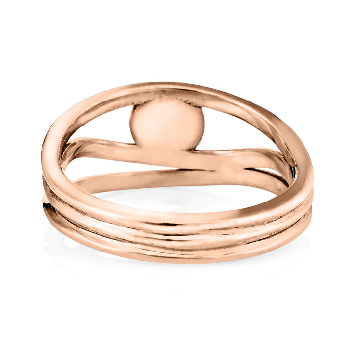 Pictured here is close by me jewelry's 14K Rose Gold Three Band Cremation Ring from the back to show the back of the setting and inside of the band