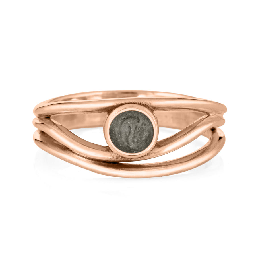 Pictured here is close by me jewelry's 14K Rose Gold Three Band Cremation Ring from the front to show its ashes setting