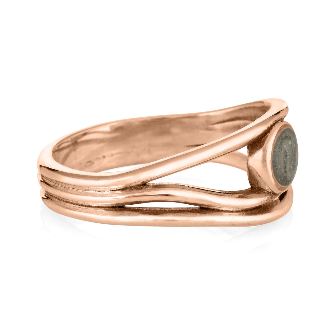 Pictured here is close by me jewelry's 14K Rose Gold Three Band Cremation Ring from the side to show the thickness of the casting