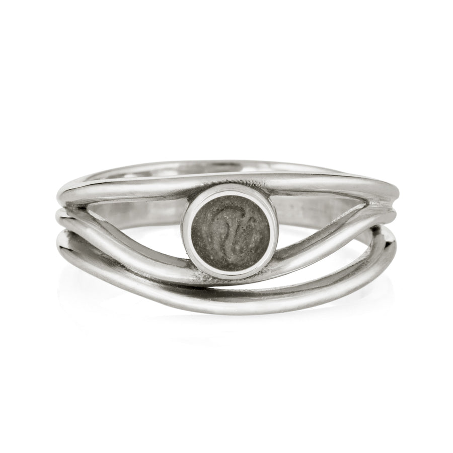 Pictured here is the Three Band Cremation Ring in Sterling Silver by close by me jewelry from the front to show its light grey cremation setting