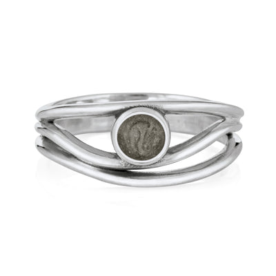 Pictured here is close by me jewelry's 14K White Gold Three Band Cremation Ring from the front to show its gray ashes setting