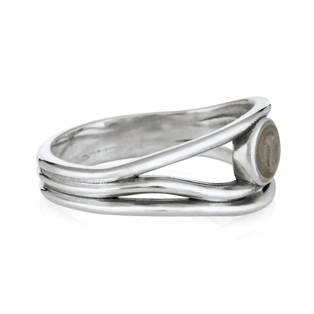 Pictured here is close by me jewelry's 14K White Gold Three Band Cremation Ring from the side to show the thickness of the piece