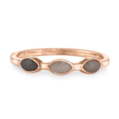 Pictured here is the Three Setting Ashes Ring design in 14K Rose Gold by close by me jewelry from the front to show its three multicolored ashes settings