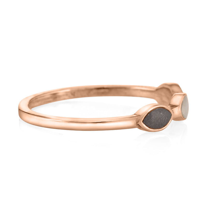 Pictured here is the Three Setting Ashes Ring design in 14K Rose Gold by close by me jewelry from the side to show the thickness of the bezel and band