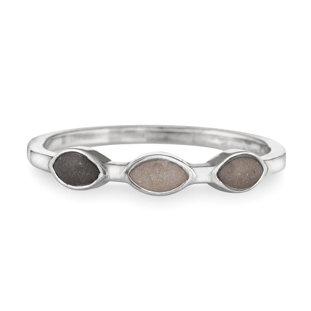 Pictured here is close by me jewelry's Sterling Silver Three Setting Cremation Ring from the front to show its three differently colored cremation settings