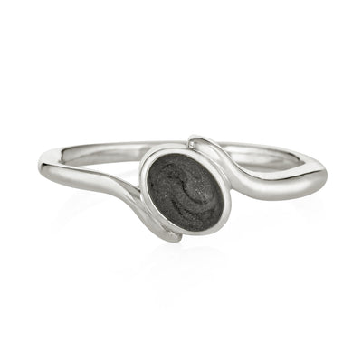 This photo shows close by me jewelry's Tilted Oval Ashes Ring in Sterling Silver from the front
