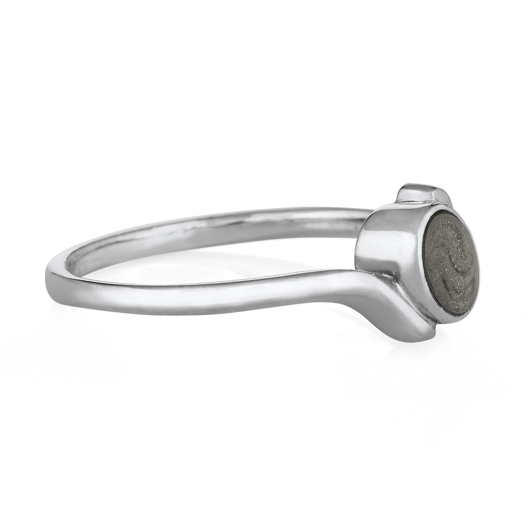 Pictured here is close by me jewelry's Tilted Oval Cremains Ring design in 14K White Gold from the side