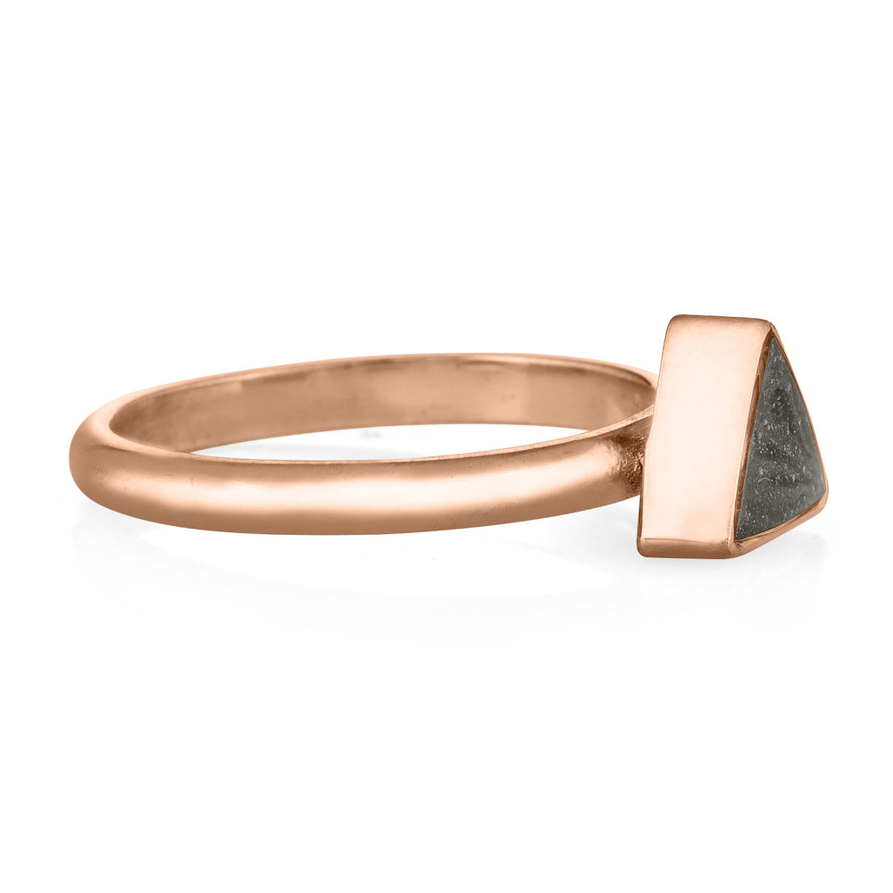 This photo shows the Triangle Stacking Ashes Ring in 14K Rose Gold, designed by close by me jewelry, from the side