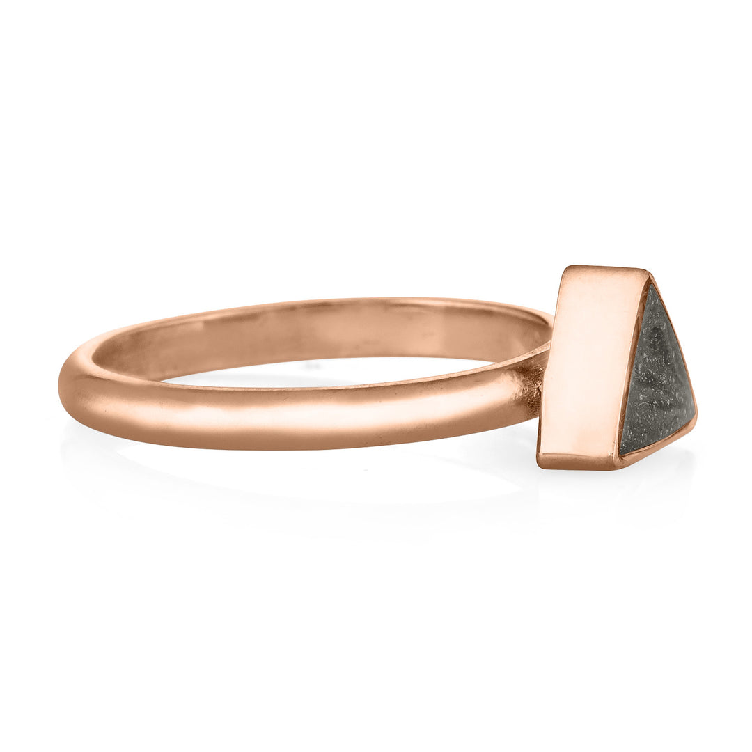 This photo shows the Triangle Stacking Ashes Ring in 14K Rose Gold, designed by close by me jewelry, from the side
