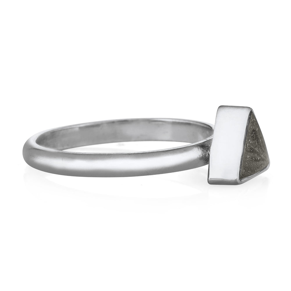 Pictured here is the Triangle Ashes Stacking Ring designed in 14K  White Gold by close by me jewelry from the side