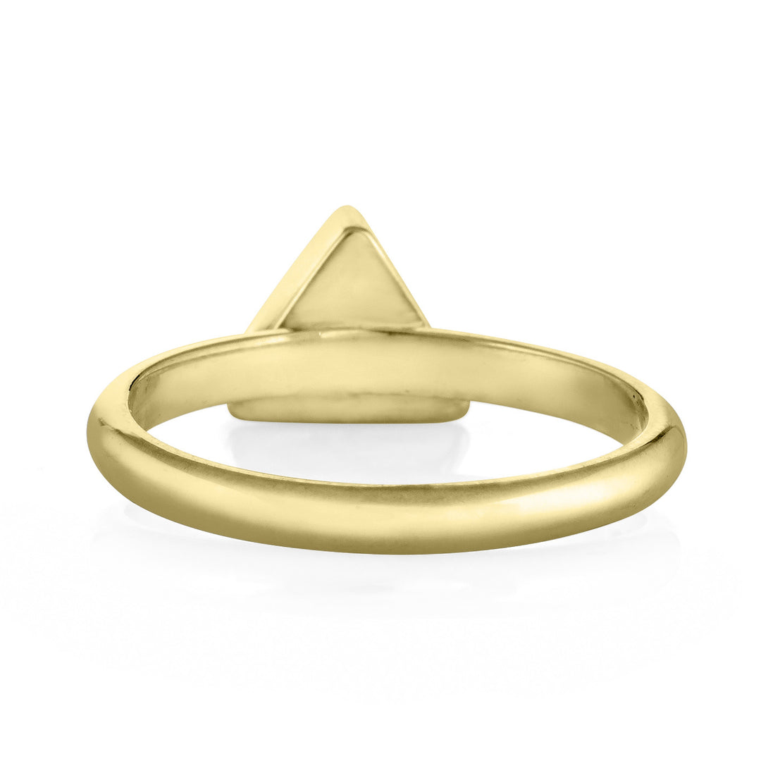 This photo shows the 14K Yellow Gold Triangle Stacking Cremains Ring designed by close by me jewelry from the back
