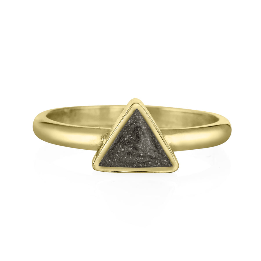 This photo shows the 14K Yellow Gold Triangle Stacking Cremains Ring designed by close by me jewelry from the front