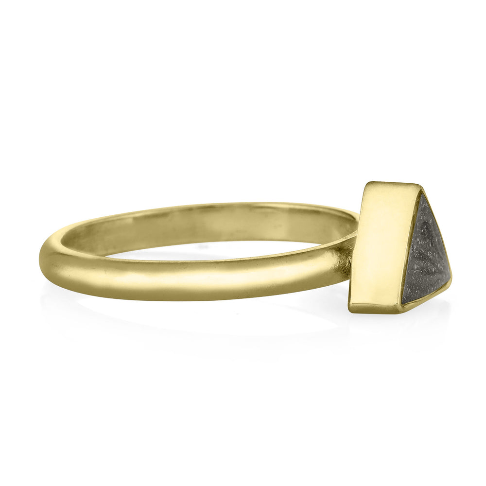 This photo shows the 14K Yellow Gold Triangle Stacking Cremains Ring designed by close by me jewelry from the side