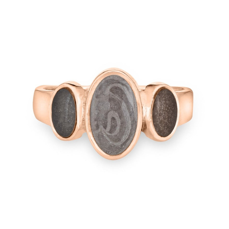 This photo shows close by me jewelry's 14K Rose Gold Triple Oval Cremation Ring design from the front