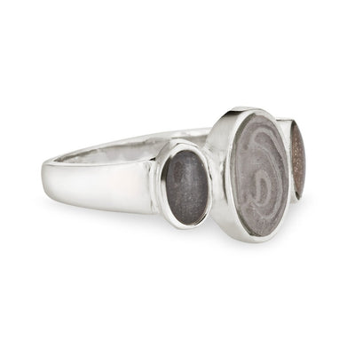 This photo shows close by me jewelry's Sterling Silver Triple Oval Ashes Ring from the side