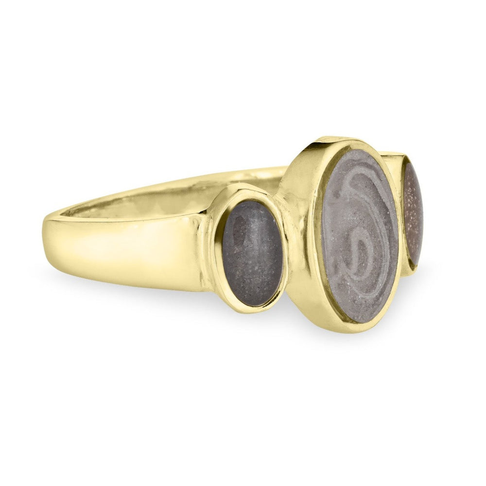 Pictured here is the Triple Oval Cremation Ring design by close by me jewelry in 14K Yellow Gold from the side