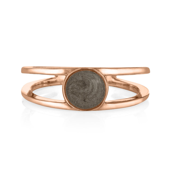 Pictured here is close by me jewelry's Twin Band Ashes Ring design in 14K Rose Gold from the front
