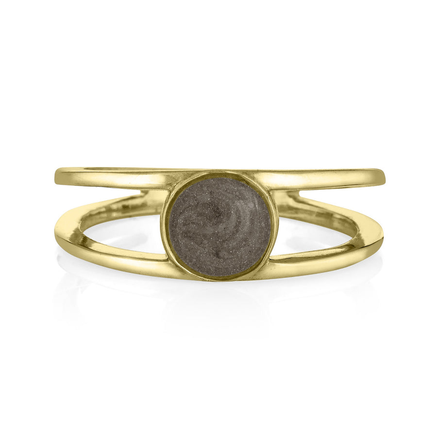 This is a photo of the Twin Band Cremains Ring set with ashes by close by me jewelry in 14K Yellow Gold from the front