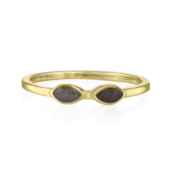 Pictured here is close by me jewelry's 14K Yellow Gold Two Setting Cremation Ring design from the front to show its light and dark grey ashes serttings