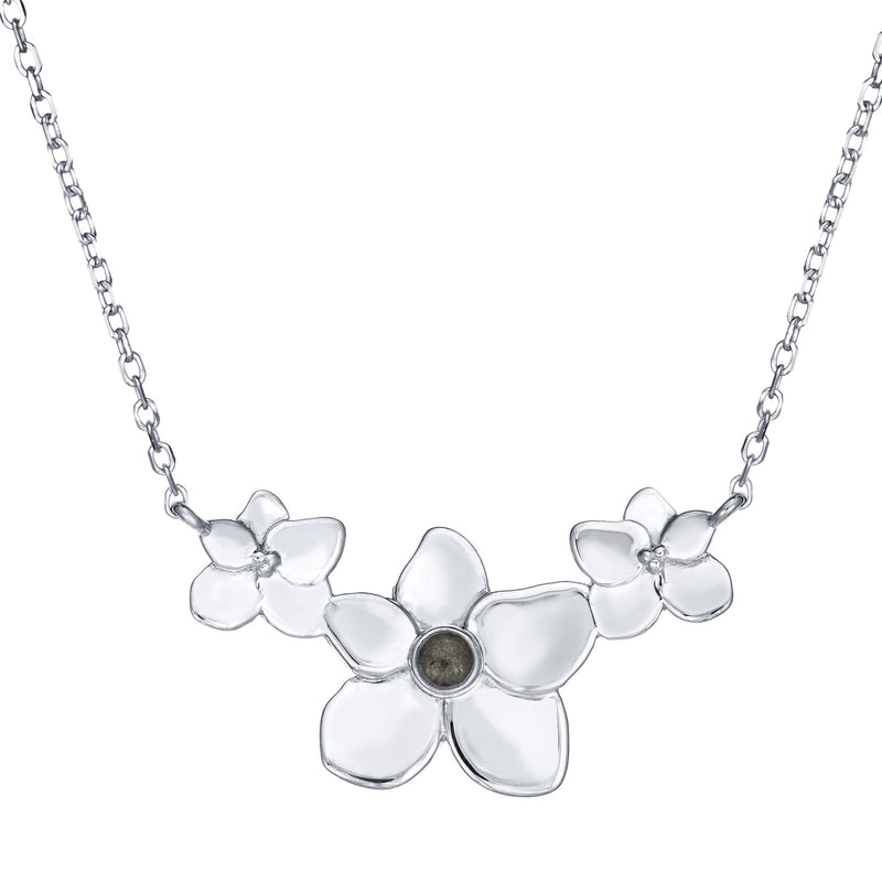 This photo shows the Hydrangea Cluster Cremation Necklace with cremated remains designed in 14K White Gold by close by me jewelry from the front
