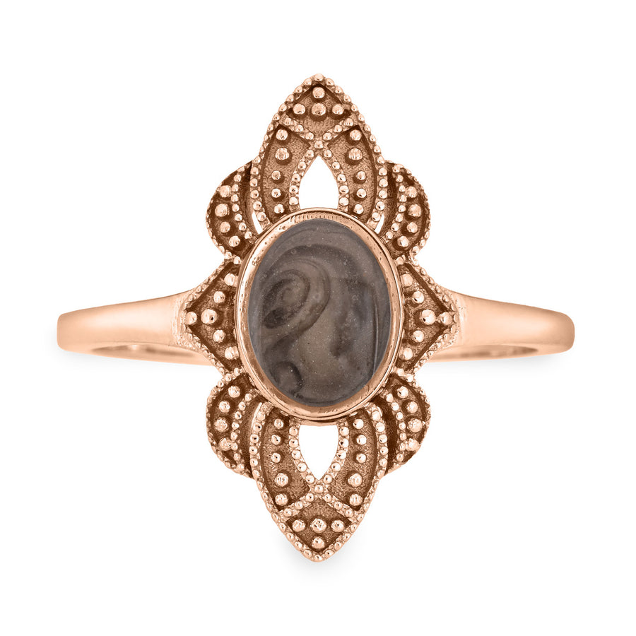 Front of Close By Me's WWII Large Setting Cremation Ring in 14K Rose Gold on a solid white background.