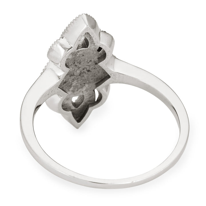 Back of Close By Me's WWII Large Setting Cremation Ring in Sterling Silver on a solid white background.