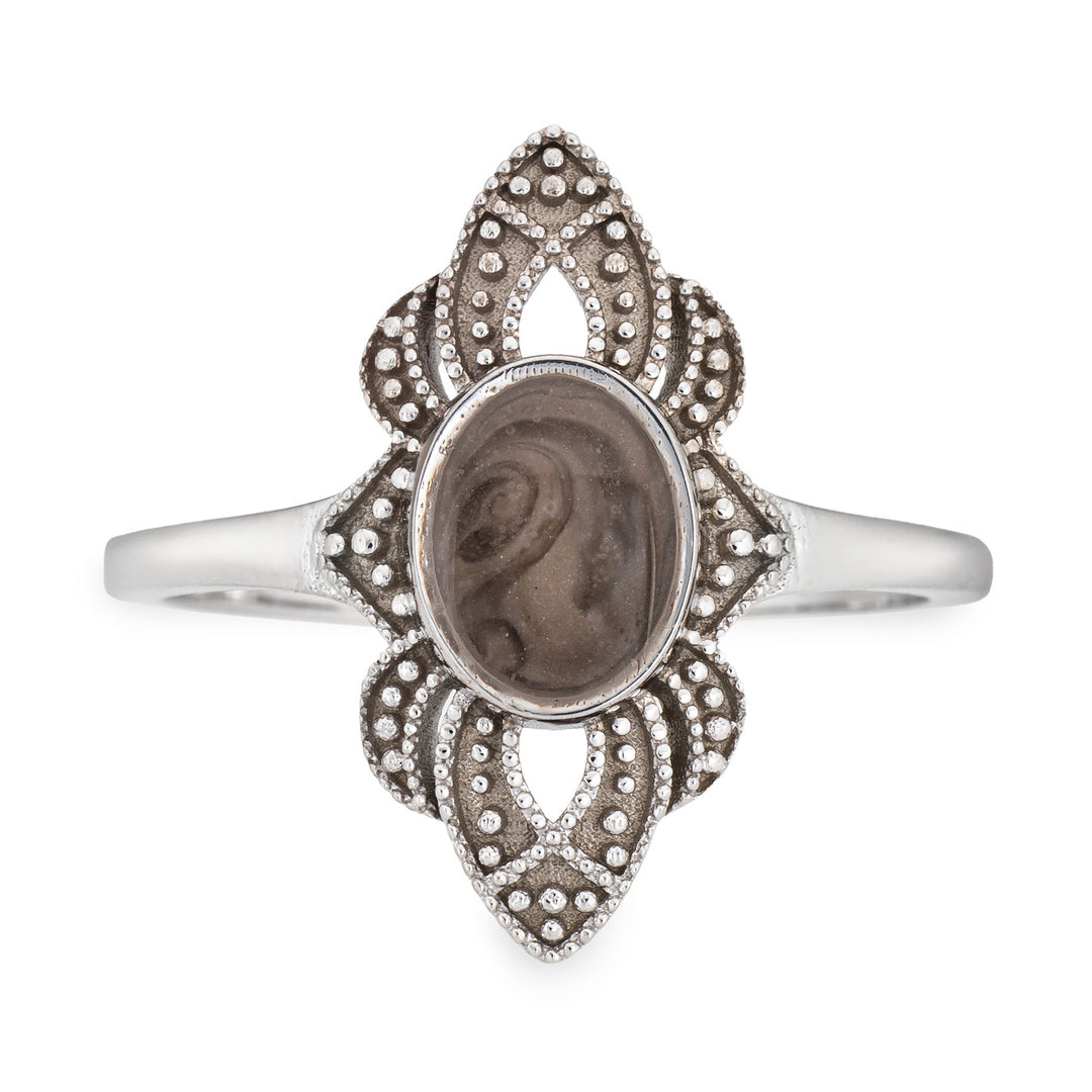 Front of Close By Me's WWII Large Setting Cremation Ring in Sterling Silver on a solid white background.