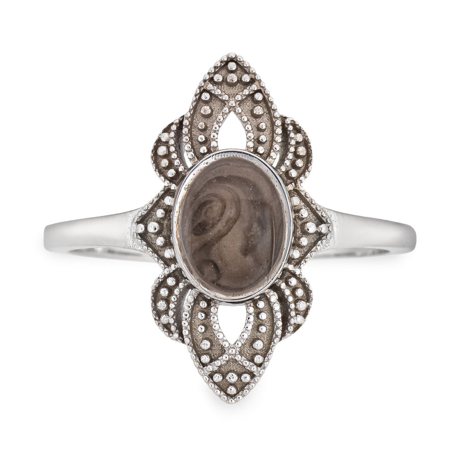 Front of Close By Me's WWII Large Setting Cremation Ring in Sterling Silver on a solid white background.