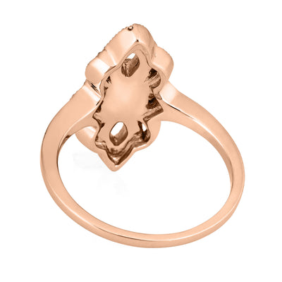 Pictured here is a close-up back view of Close By Me Jewelry's vintage-style World War II Cremation Ring in 14K Rose Gold set against a solid white background. This version of the ring features a smaller oval bezel (not shown) containing solidified cremated remains.