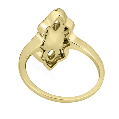 Pictured here is a close-up back view of Close By Me Jewelry's vintage-style World War II Cremation Ring in 14K Yellow Gold set against a solid white background. This version of the ring features a smaller oval bezel (not shown) containing solidified cremated remains.