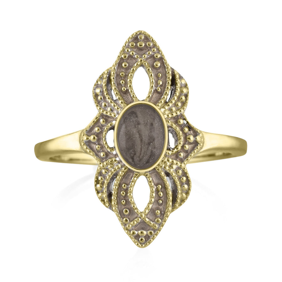 Pictured here is a close-up front view of Close By Me Jewelry's vintage-style World War II Cremation Ring in 14K Yellow Gold set against a solid white background. This version of the ring features a smaller oval bezel containing solidified cremated remains. The ashes setting in this picture is dark gray in color and has a subtle swirl design.