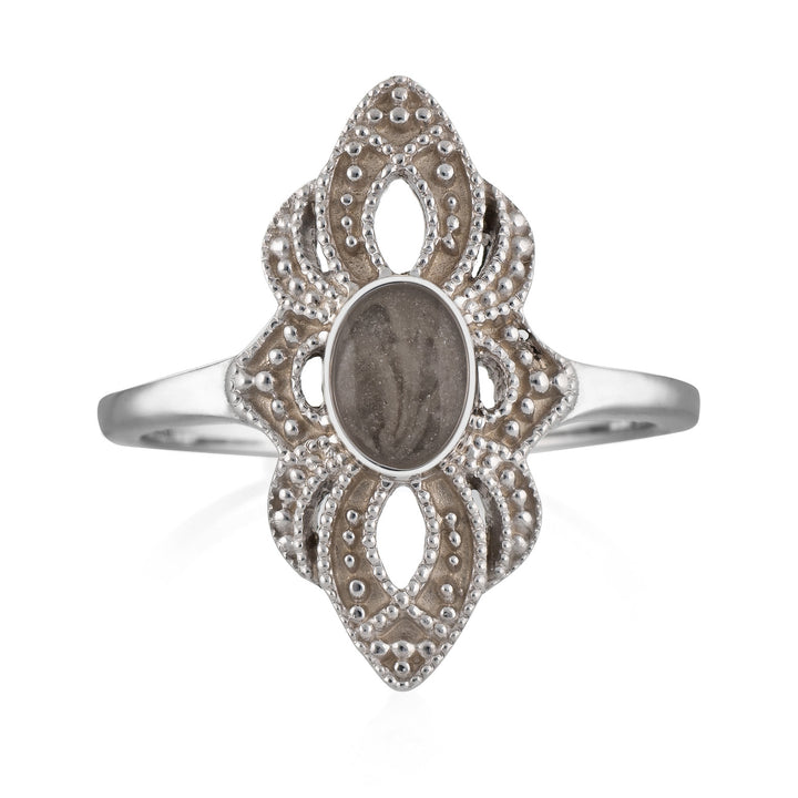 Front of Close By Me's WWII Small Setting Cremation Ring in 14K White Gold on a solid white background.